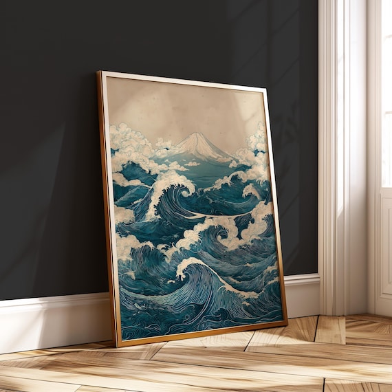 Japanese Wave And Mountain Print Mount Fuji Ocean Poster Zen Wall Art Japandi Style