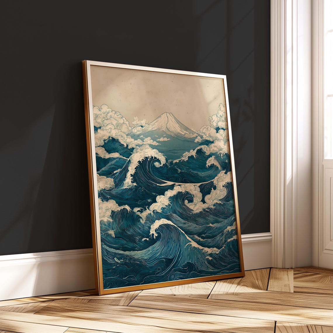 Japanese Wave And Mountain Print Mount Fuji Ocean Poster Zen Wall Art Japandi Style