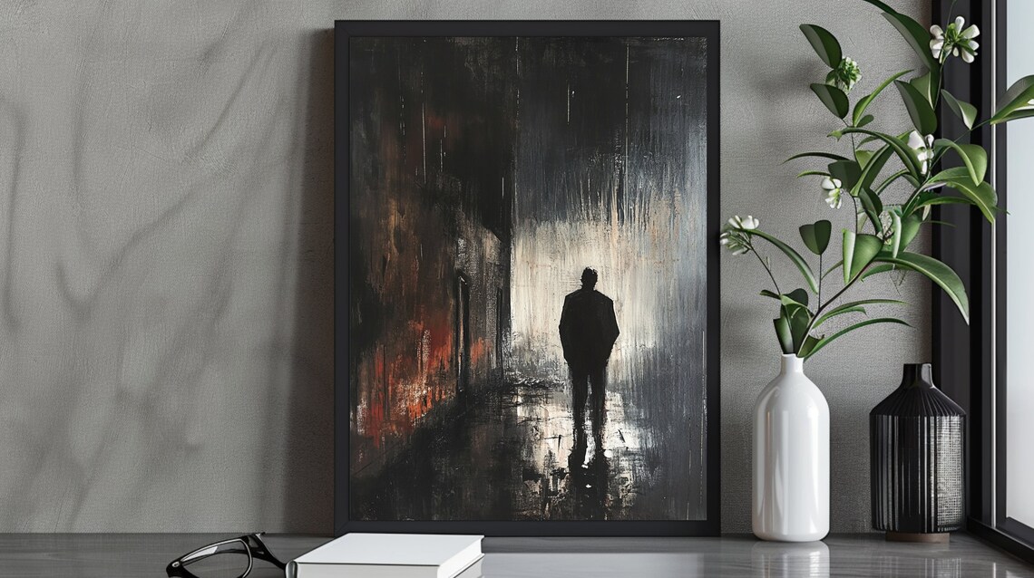 Lone Man Walking Away In Rainy Dark Alley Noir Silhouette Poster