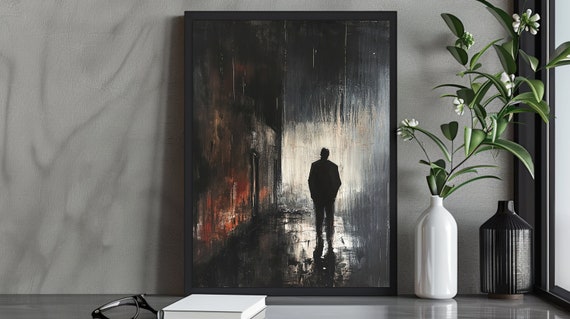 Mysterious Noir Shadowed Figure Art Print Dark Alley Silhouette Moody Urban Scene Abstract Wall Art