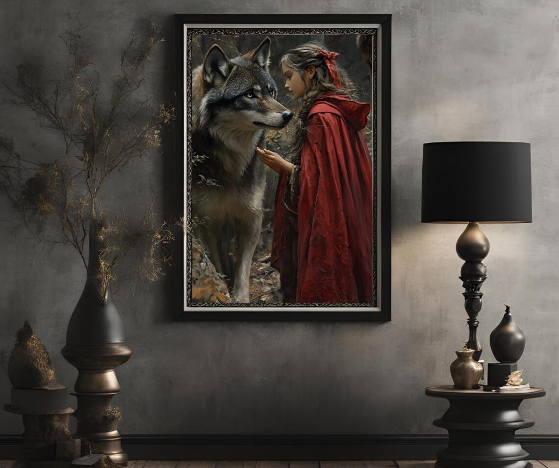 Little Red Riding Hood Gently Touching Wolf Realistic Painting Poster - Image 2