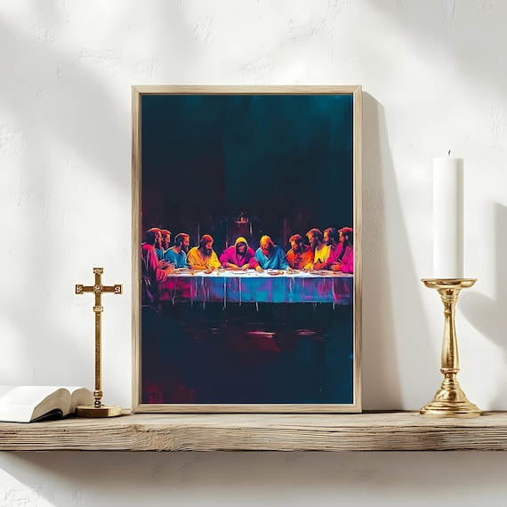 The Last Supper Neon Glow Modern Christian Religious Artwork Poster