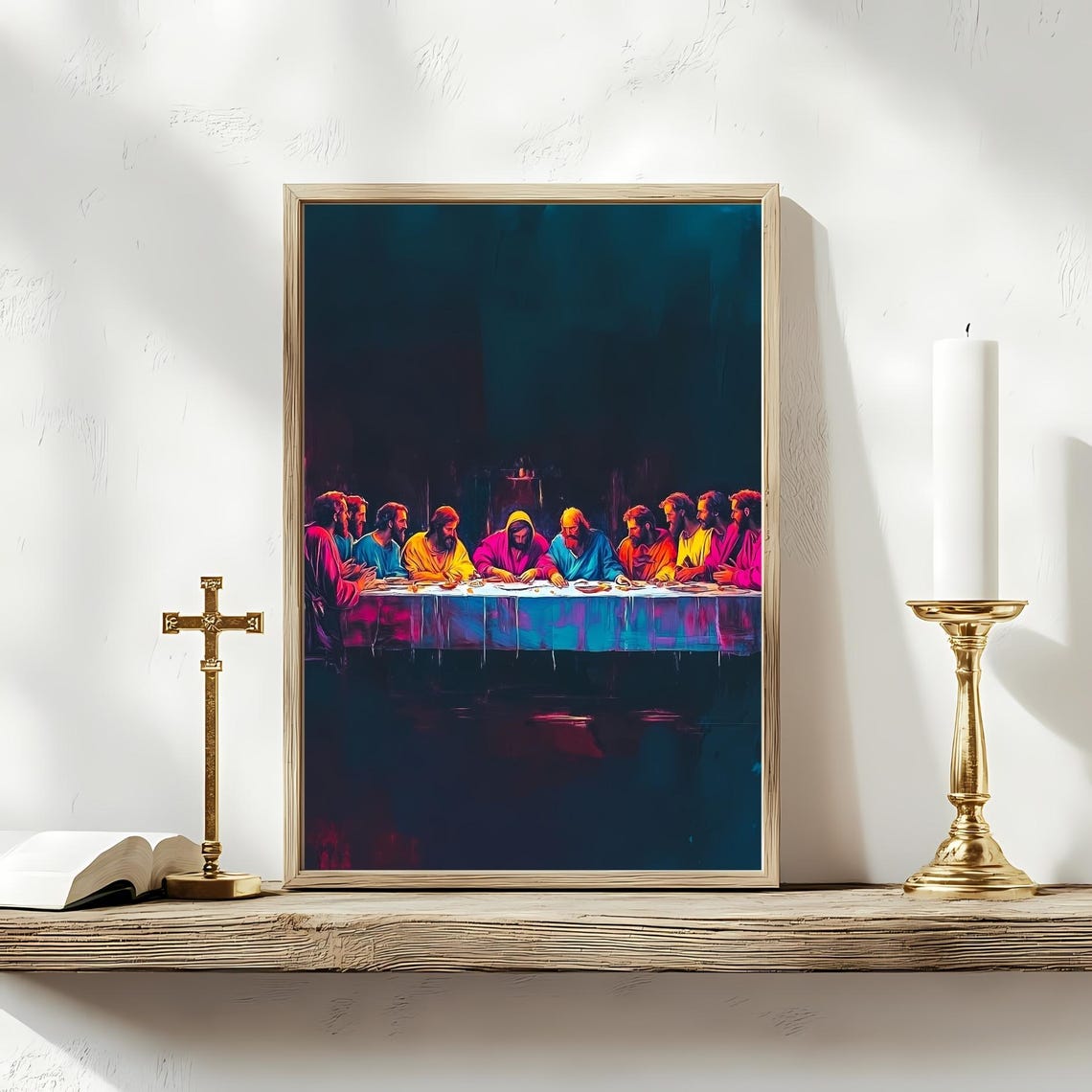 The Last Supper Neon Glow Modern Christian Religious Artwork Poster