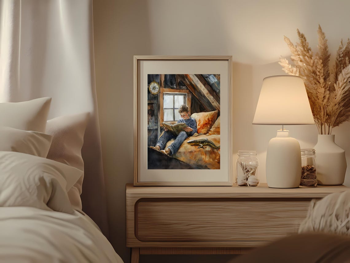 Cozy Boy Reading in an Attic with a Salamander Watercolor Poster - Image 2
