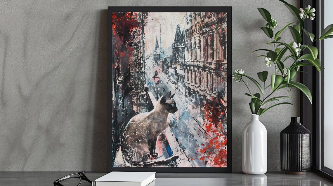 Siamese Cat Overlooking Abstract Painted City Street Artwork Poster