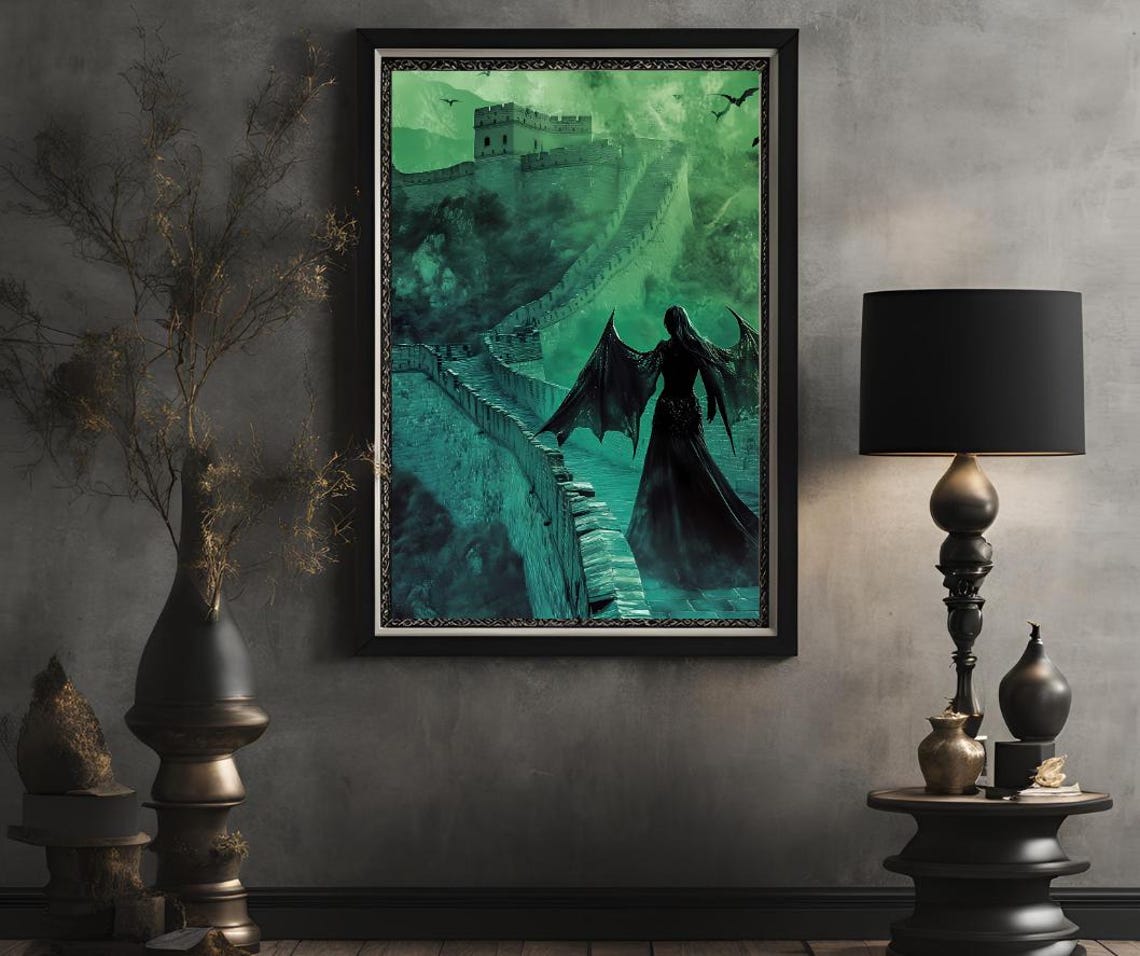 Dark Fantasy Wall Art Gothic Woman On Great Wall Mysterious Green Atmosphere Gift For Fantasy Lovers - Image 2