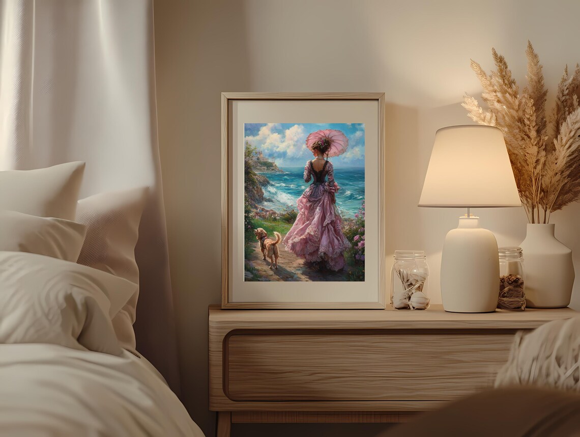 Victorian Lady Pink Dress Walking Dog By Sea Elegant Coastal Poster - Image 2