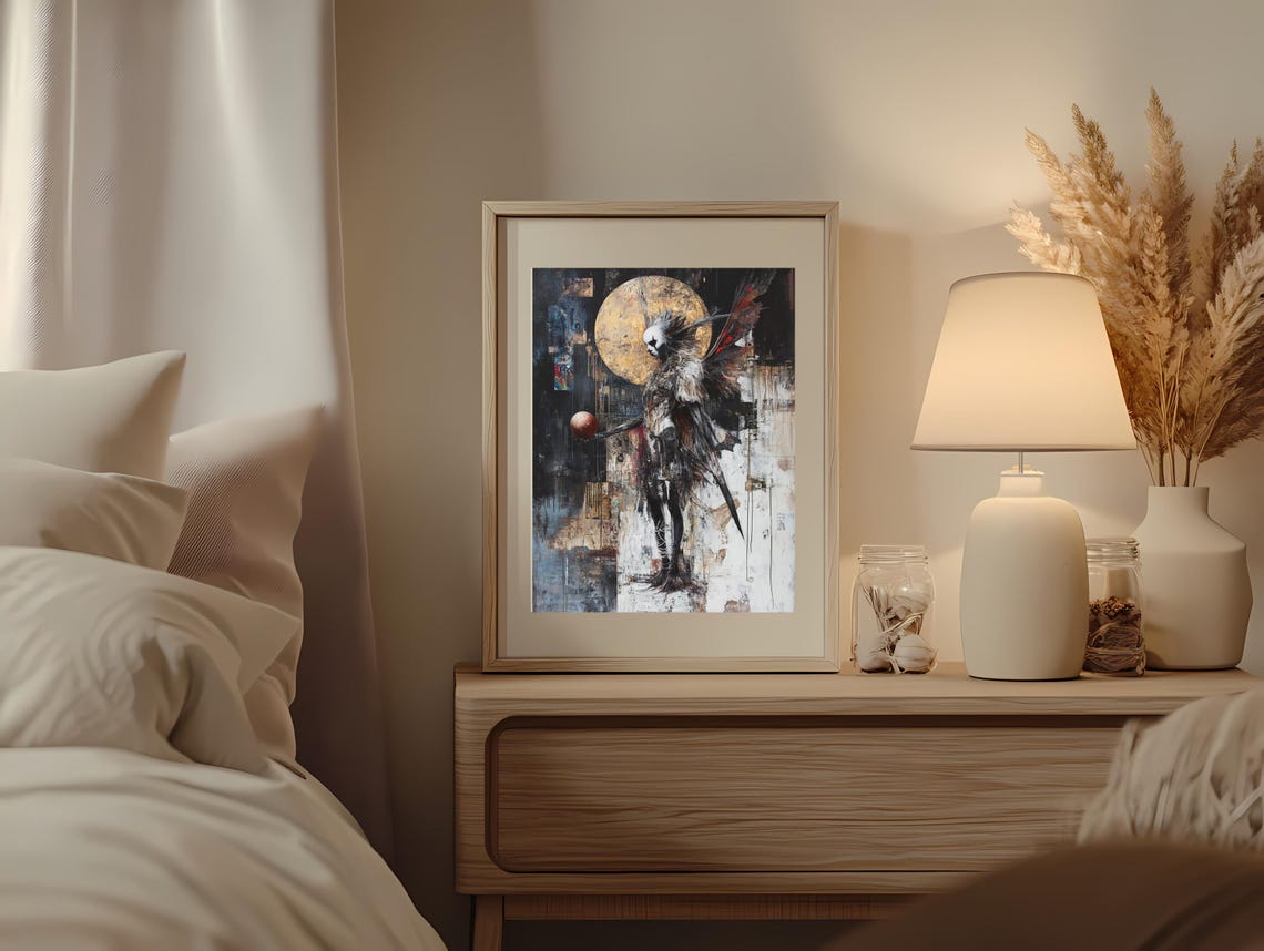 Surreal Dark Gothic Angel Standing Before a Golden Moon Art Poster - Image 3
