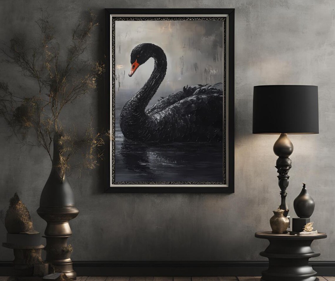 Black Swan Gliding On Dark Water Moody Oil Painting Art Poster - Image 2