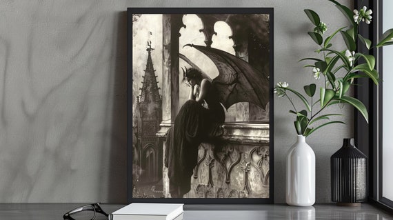 Mysterious Gothic Dark Angel Art Print Winged Woman On Gothic Balcony Atmospheric Fantasy Wall Art Moody Ethereal Decor