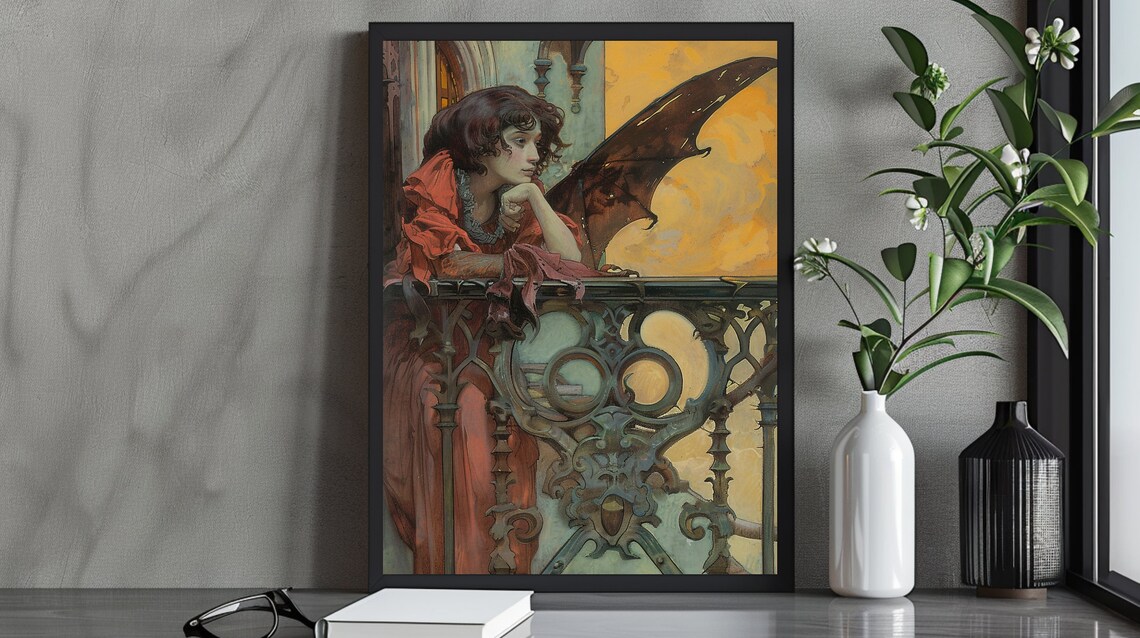 Art Nouveau Woman In Red Gown With Bat Wing On Iron Balcony Sunset Poster