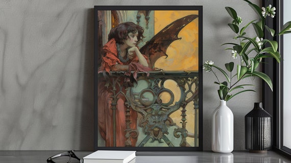 Gothic Fantasy Art Print Reflective Dark Angel In Red On Balcony Mystical Gothic Decor Atmospheric Dark Fantasy Wall Art