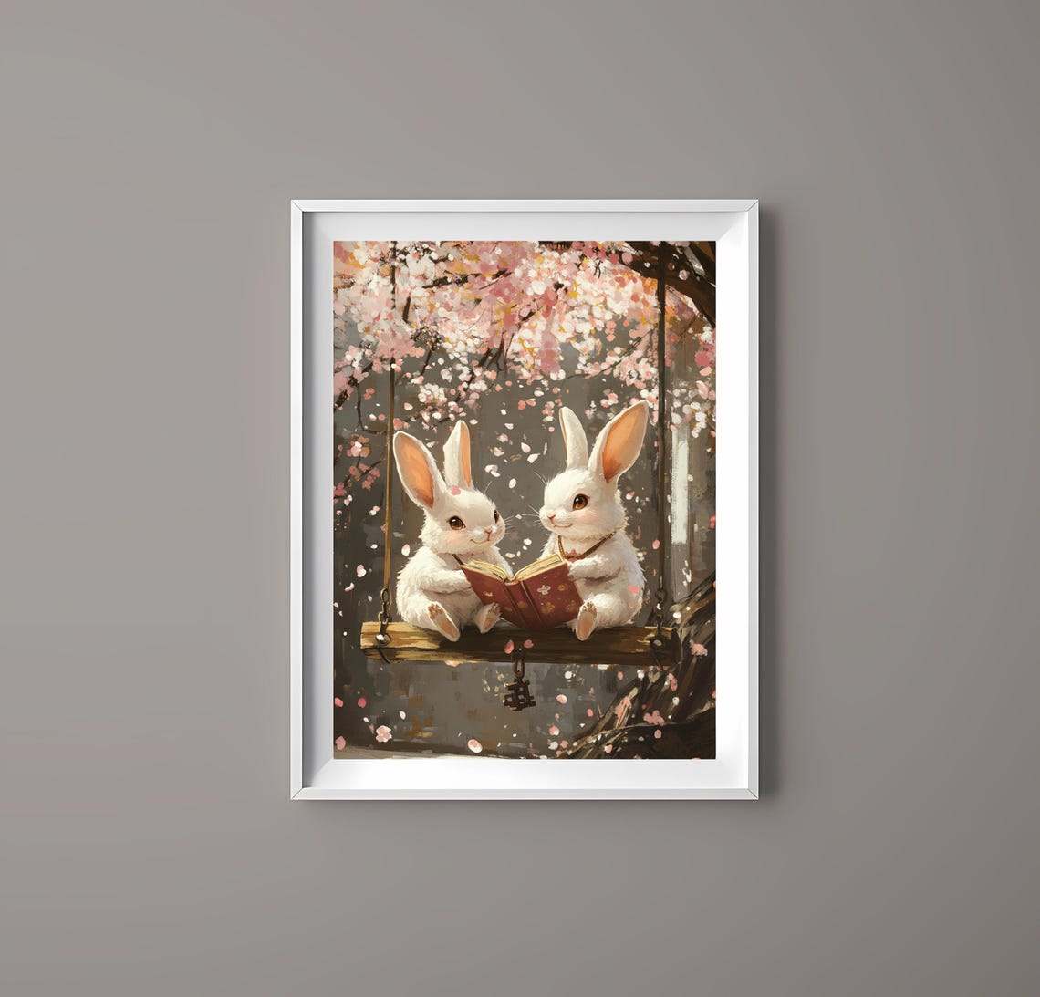Two White Bunnies Reading on a Swing Under Cherry Blossoms Poster - Image 3