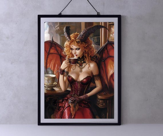 Fantasy Demon Woman Art Red Horned Beauty With Coffee Gothic Wall Decor Gift For Fantasy Lovers