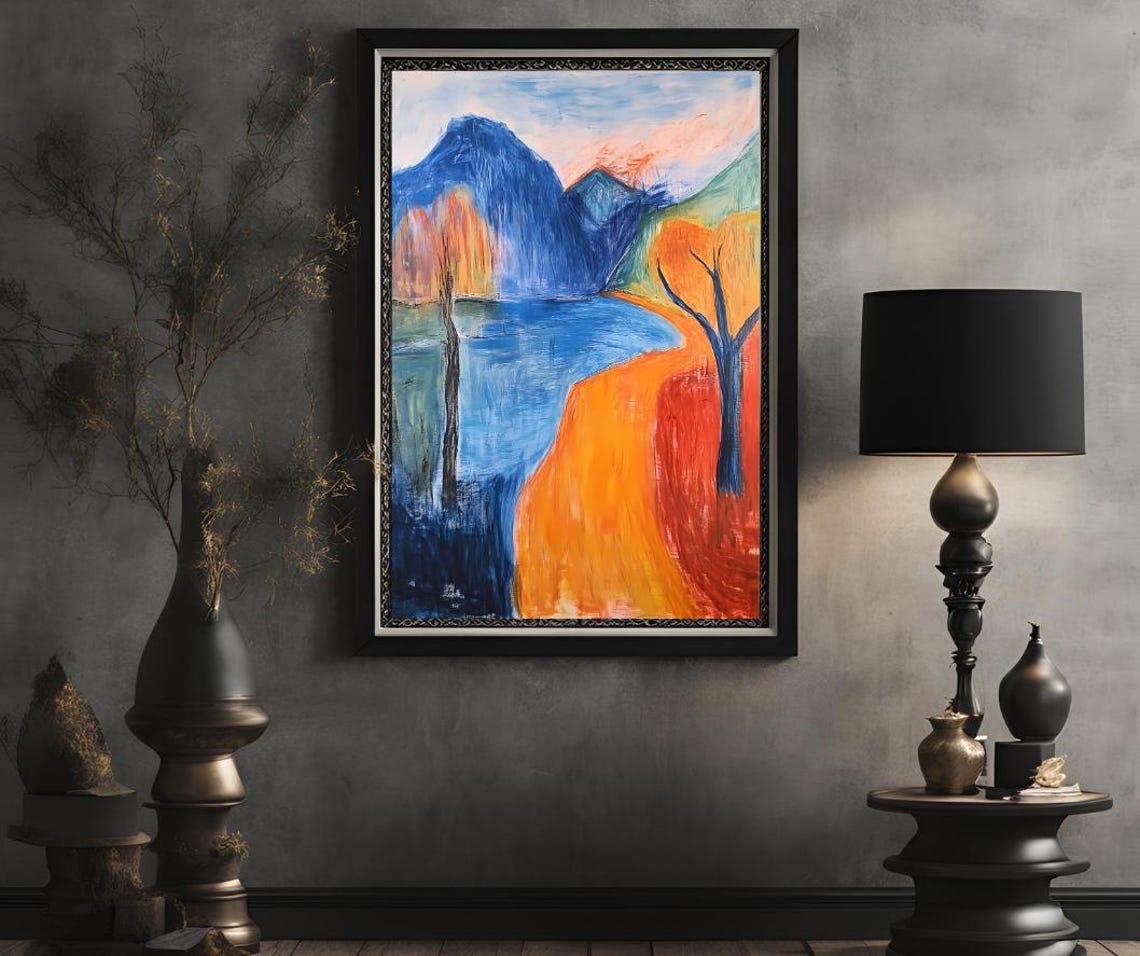 Abstract Colorful Landscape Art Vibrant Mountain And Lake Painting Modern Wall Decor Instant Png File - Image 2