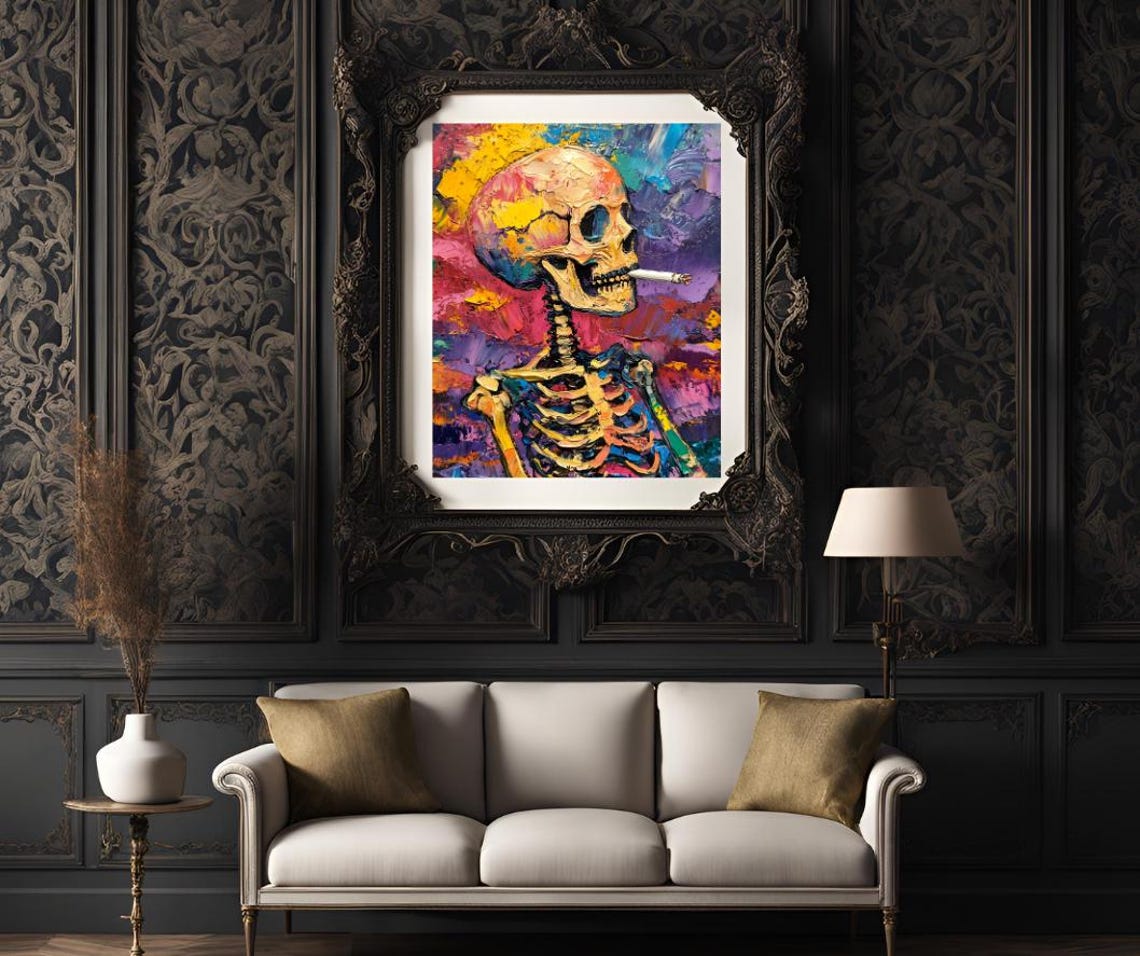Van Gogh Inspired Skeleton Smoking Cigarette Colorful Impasto Poster - Image 3