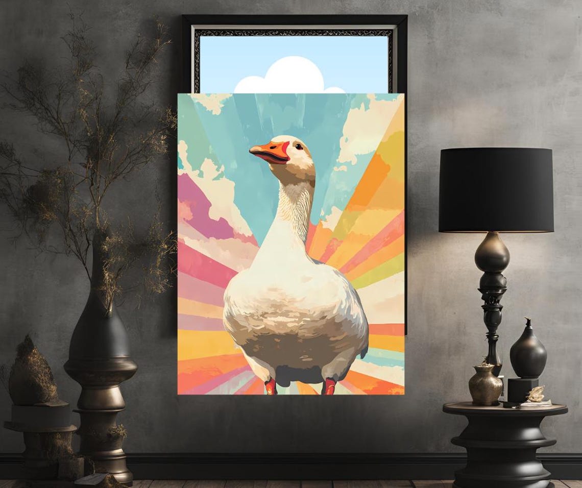 Bold Rainbow Goose Portrait With Retro Pop Art Rays Wall Decor Poster - Image 2