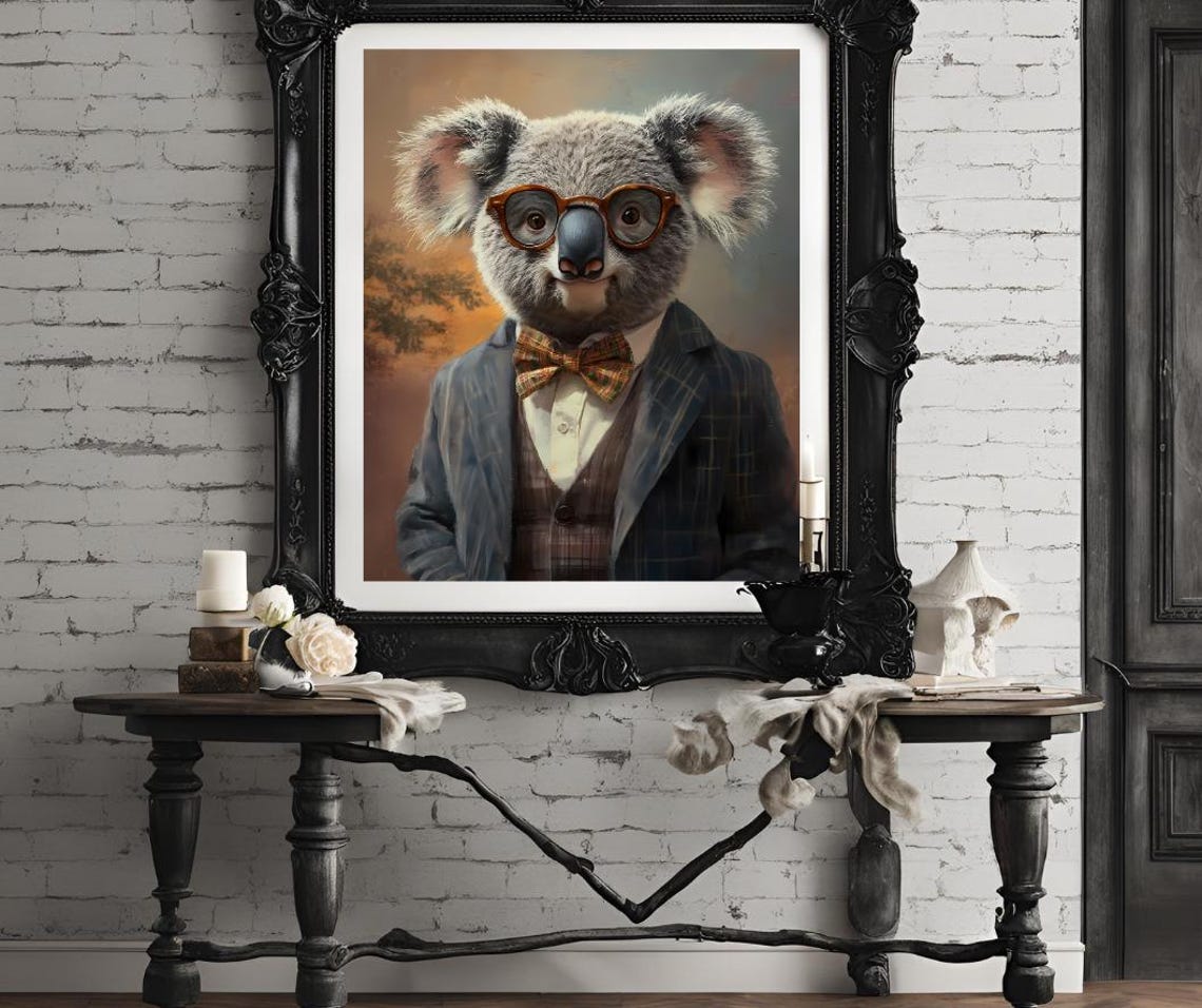 Dapper Koala in a Suit Bow Tie and Glasses Painted Portrait Poster - Image 4