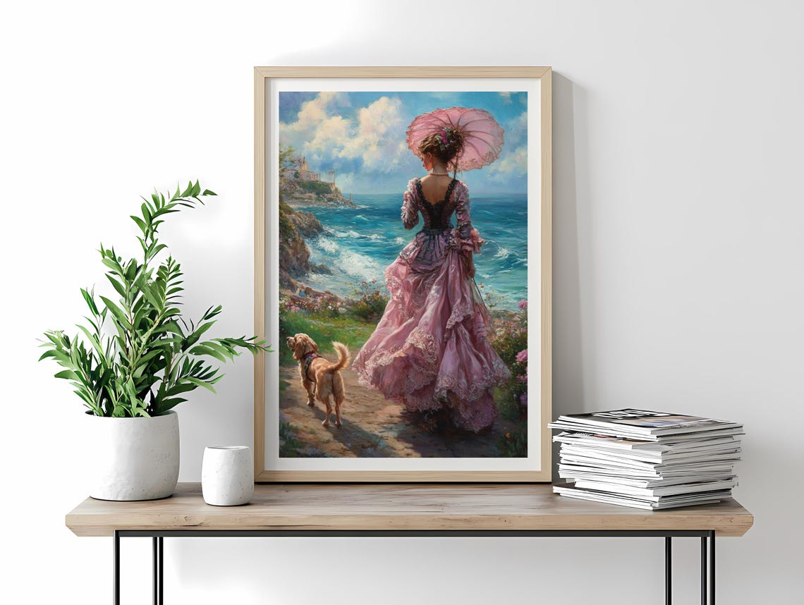 Victorian Lady Pink Dress Walking Dog By Sea Elegant Coastal Poster