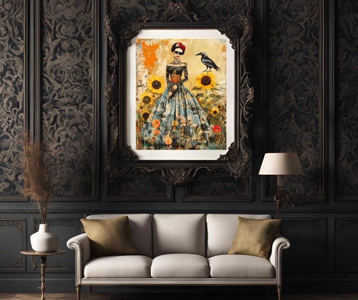 Eclectic Frida Inspired Art Boho Woman With Sunflowers And Crow Bold Wall Decor Gift For Art Lovers - Image 3