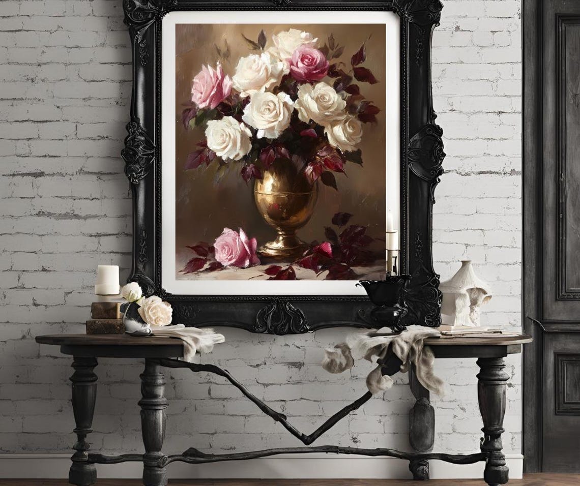 Moody Flower Painting Wall Art Vintage Floral Wall Art Antique Art Print Farmhouse Wall Art Moody Botanical Oil Painting - Image 4