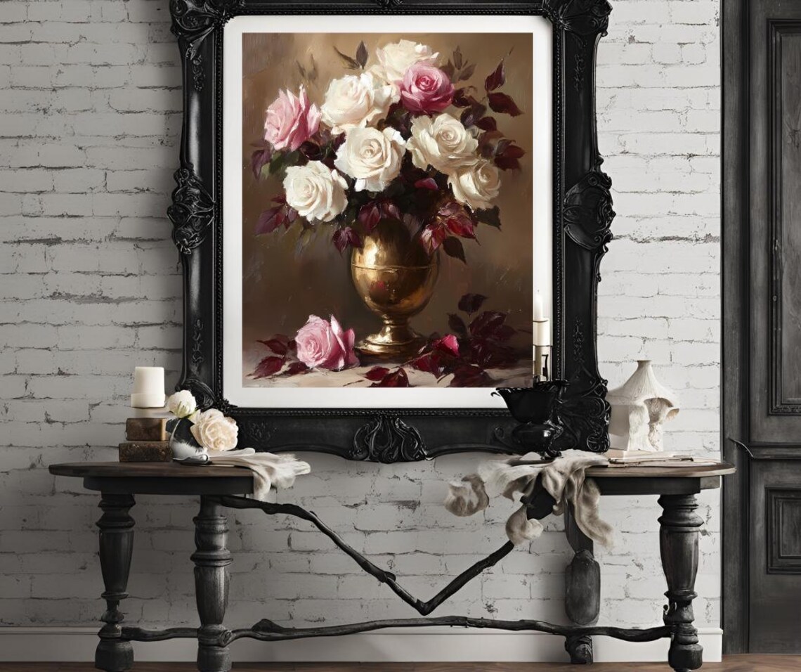 Vintage Roses Bouquet In Brass Vase Romantic Oil Painting Poster - Image 4