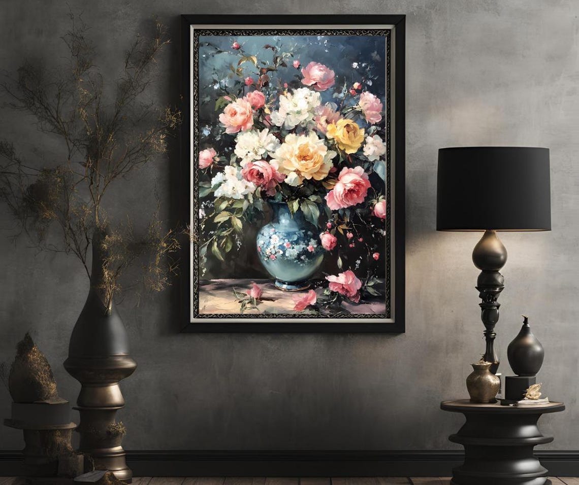 Pink And White Roses Bouquet In Teal Vase Dark Floral Art Poster - Image 2