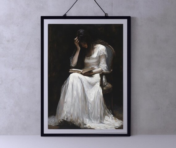 Antique Portrait of a Woman Reading Book in White Gown Art Poster