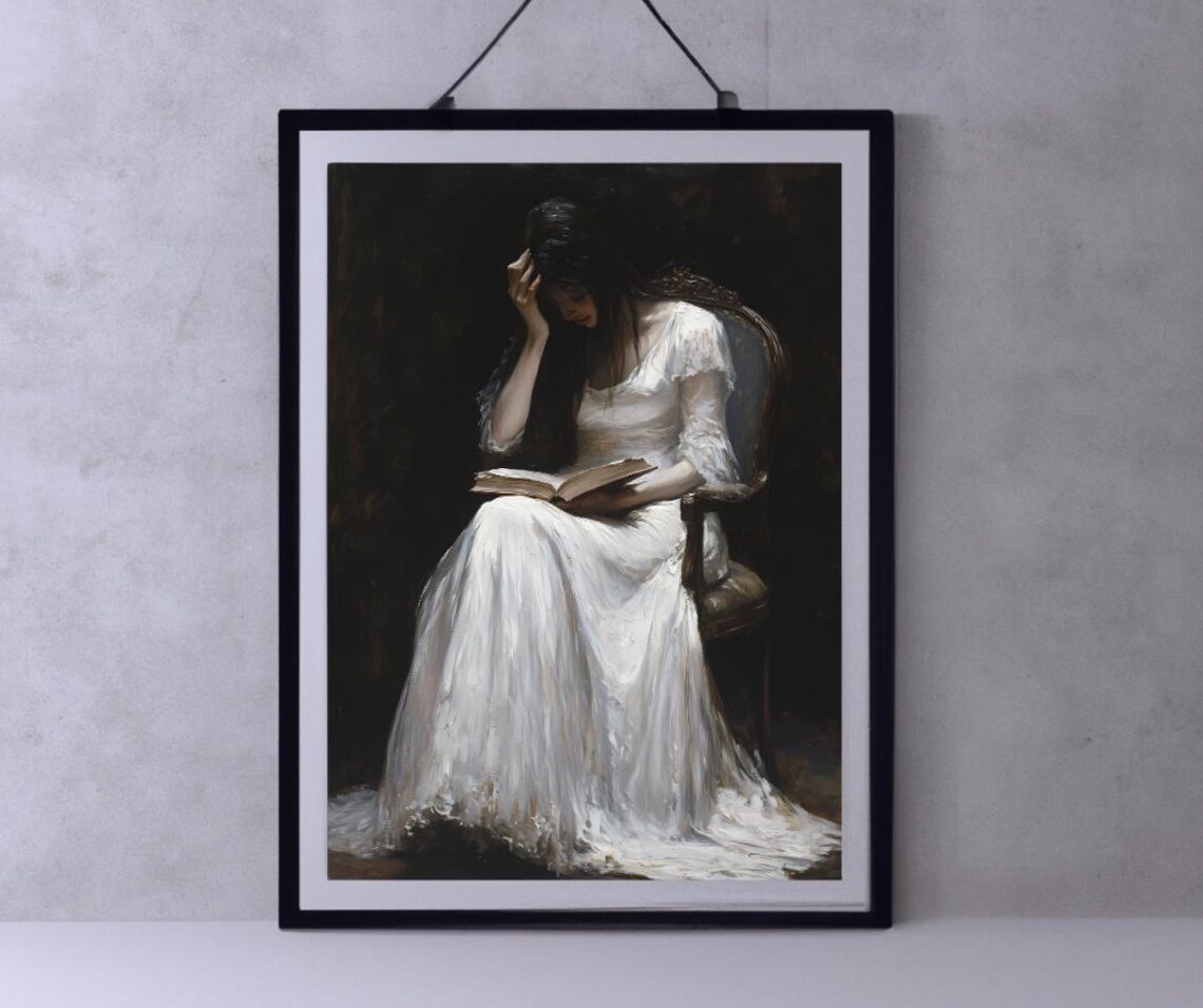 Antique Portrait of a Woman Reading Book in White Gown Art Poster