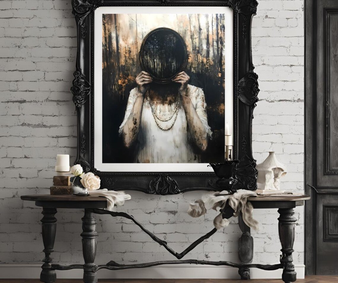 Moody Dark Academia Woman Holding Black Oval Mirror Witchy Gothic Poster - Image 4