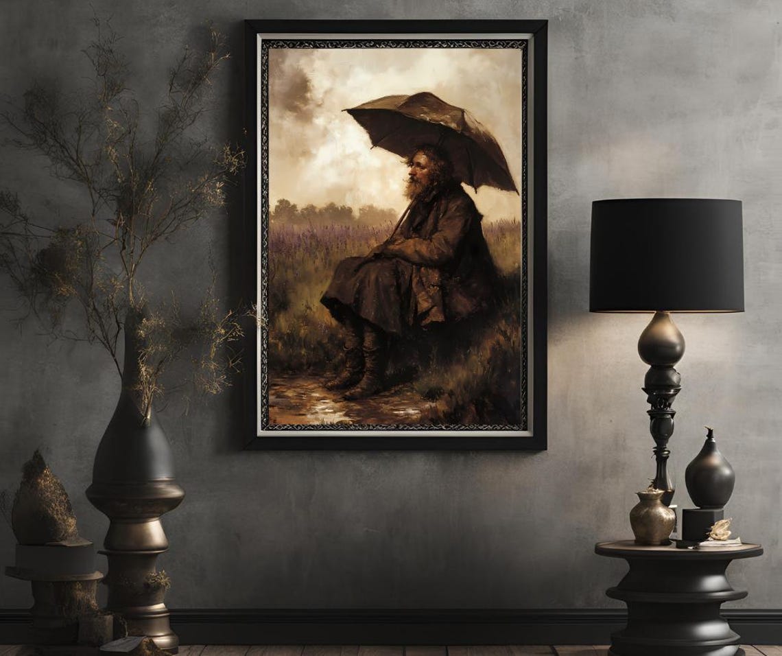 Rustic Man With Umbrella Art Moody Landscape Painting Emotional Wall Decor Instant Png File - Image 2