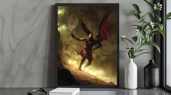 Epic Dark Fantasy Tennis Warrior Art Print Demon Athlete In Battle Unique Sports Fantasy Artwork Bold Art For Fantasy Lovers