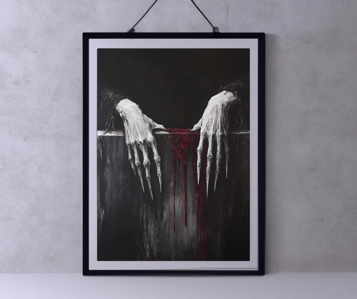 Pale Clawed Hands Gripping Dark Stone With Dripping Blood Poster