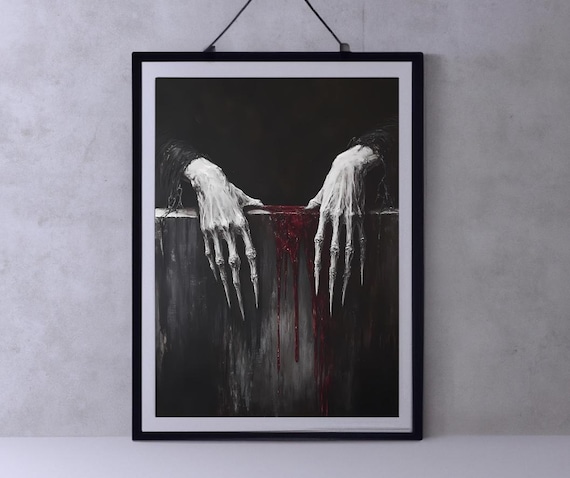 Pale Clawed Hands Gripping Dark Stone With Dripping Blood Poster