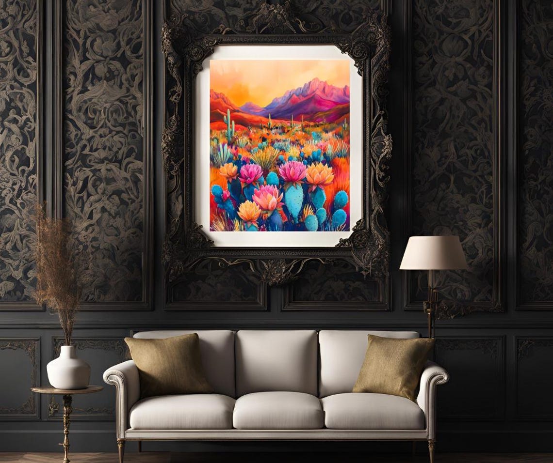 Vibrant Southwest Desert Sunset With Blooming Cacti Mountains Poster - Image 3