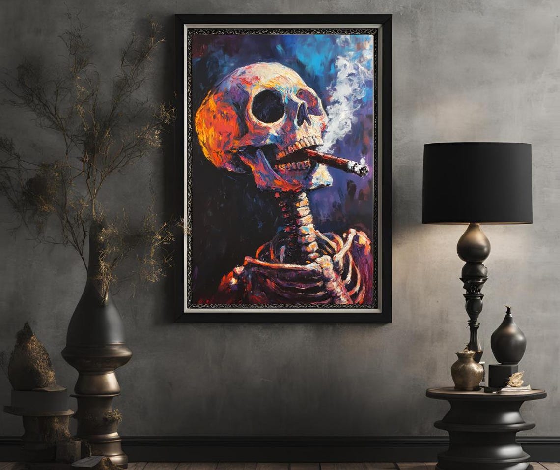 Van Gogh Print Skull Of A Skeleton With Burning Cigarette Moody Dark Academia Print Dark Wall Art Skull Art Print Gothic Wall Art - Image 2