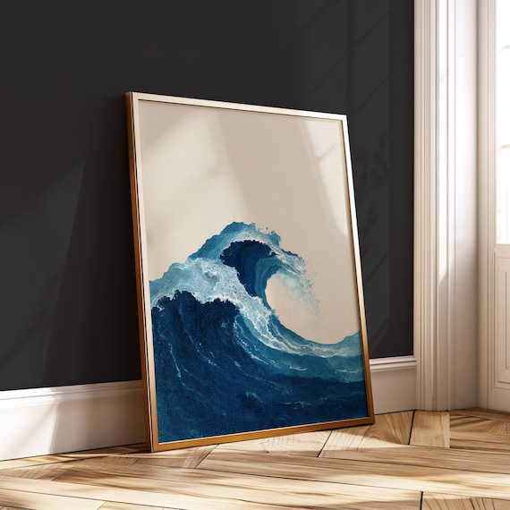 Blue Wave Japandi Wall Art Minimalist Ocean Crest Print Zen Abstract Decor