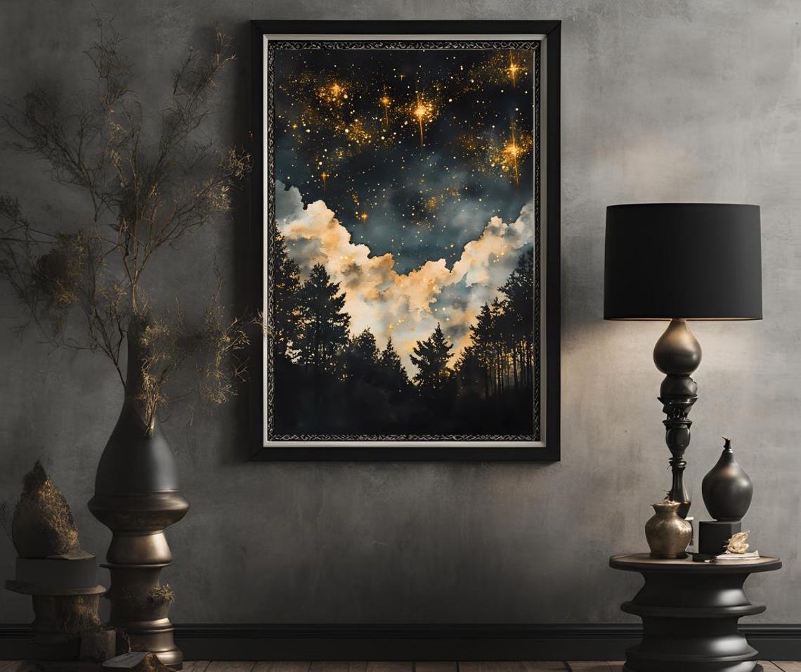 Starry Night Sky Over Pine Forest Silhouettes Golden Hue Poster - Image 2