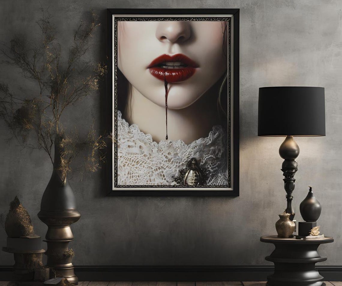Dark Romance Gothic Vampire Woman Art Portrait Dark Moody Oil Painting Dark Academia Decor Blood Art Instant Print - Image 2