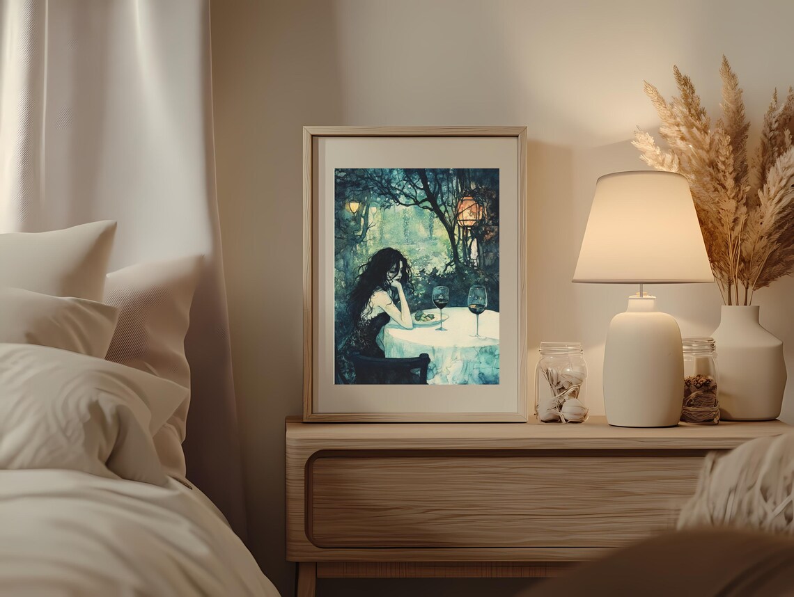 Romantic Woman Dining Alone Lantern Lit Garden Night Art Poster - Image 2