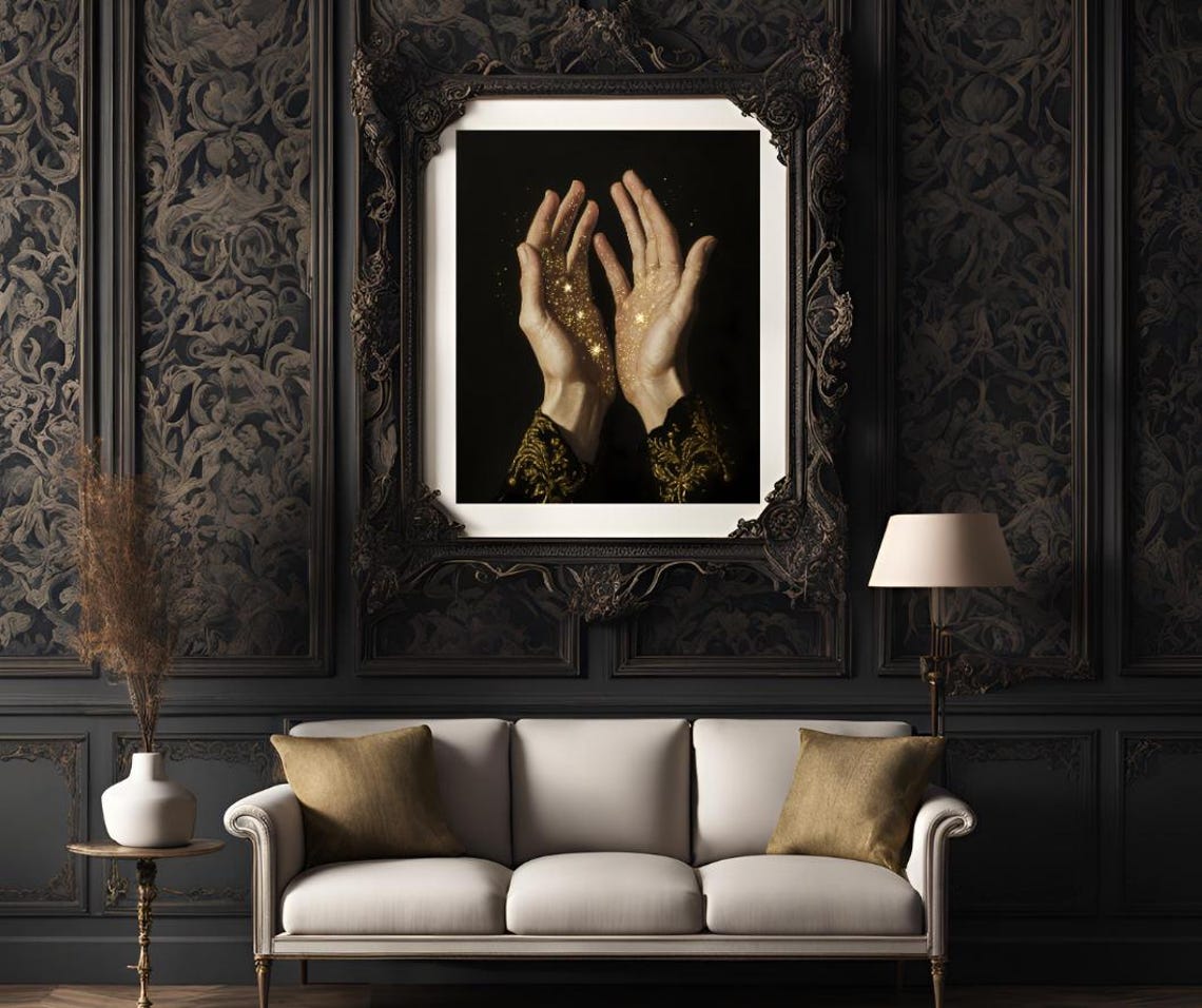 Golden Starry Hands Dark Celestial Magic Moody Night Sky Art Poster - Image 3
