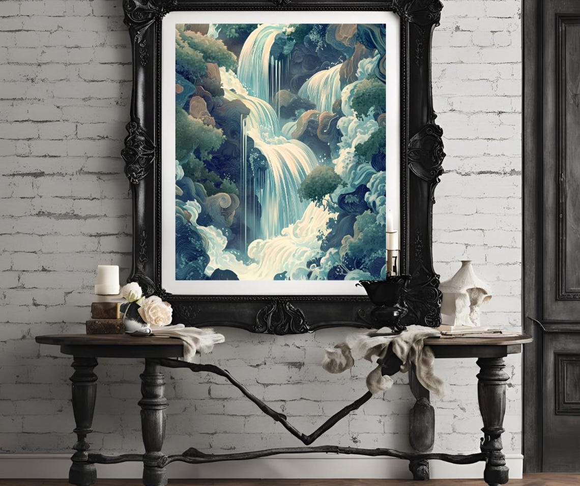 Hokusai Ukiyo E Framed Japanese Waterfall Wall Art Landscape Poster Print Blue Green Japanese Home Decor - Image 4