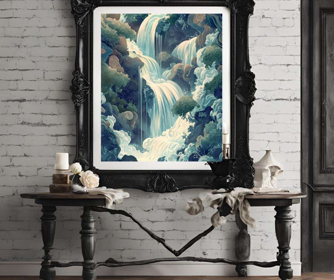 Japanese Style Waterfall Painting Blue Green Cascades Art Poster - Image 4