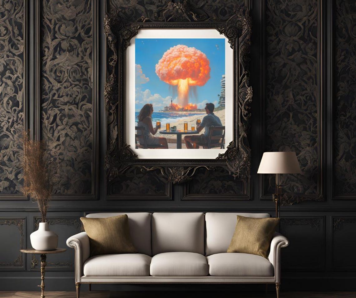 Retro Couple Drinking Beer While a Mushroom Cloud Rises Art Poster - Image 3