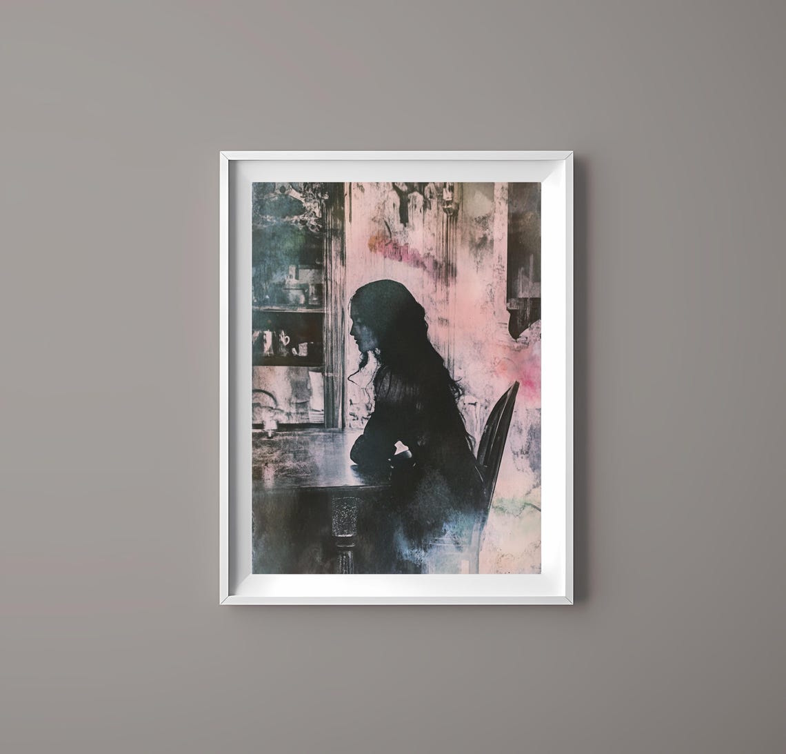 Moody Art Silhouette Woman At Table Illustration Atmospheric Wall Art Gift For Her - Image 4