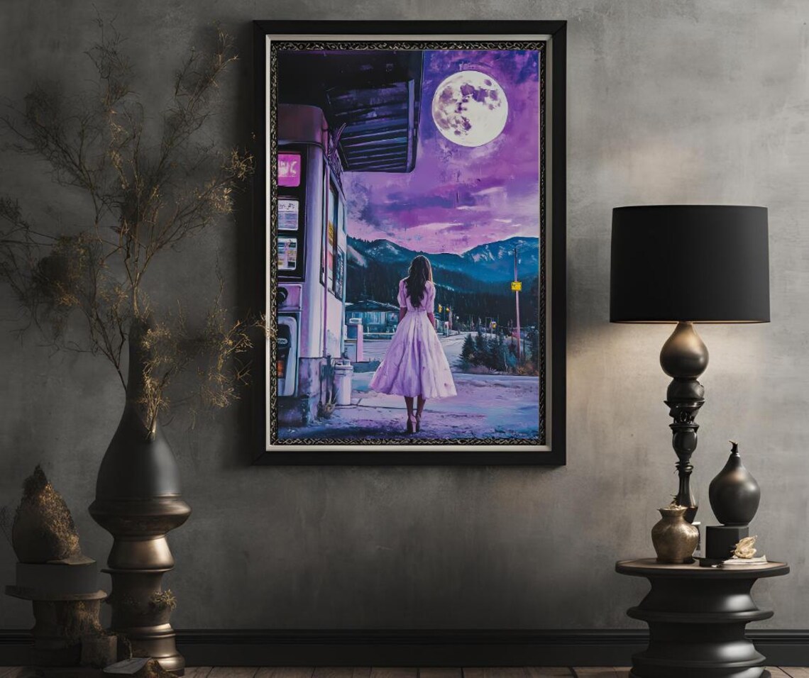Woman at a Gas Station Under a Giant Full Moon Night Art Poster - Image 2