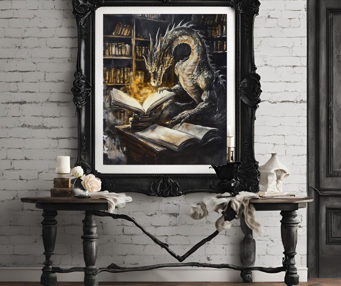 Majestic Dragon Reading a Glowing Book in a Dark Library Poster - Image 4