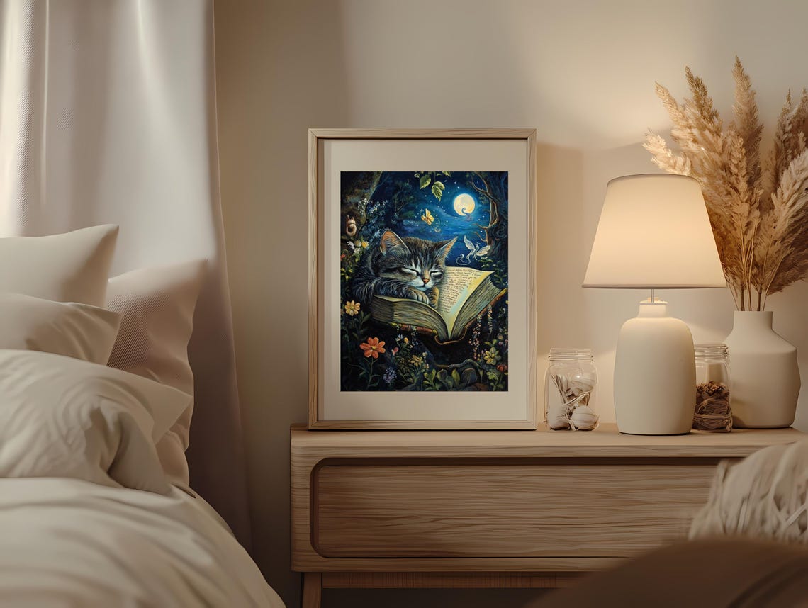 Dreamy Tabby Cat Sleeping Peacefully on a Magical Open Book Poster - Image 3
