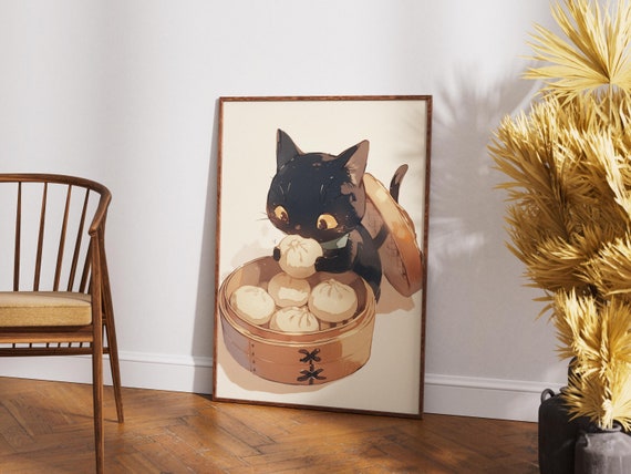 Asian Dumpling Cat Poster Kawaii Cat Baozi Dumpling Illustration Asian Food Art Kitchen Wall Art Dumpling Poster Funny Hungry Cat Bao