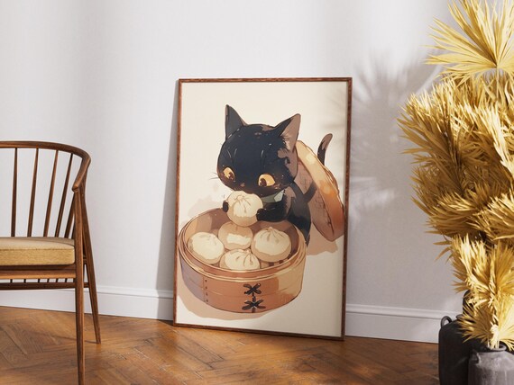 Cute Kawaii Black Cat Eating Steamed Baozi Dumplings Art Poster